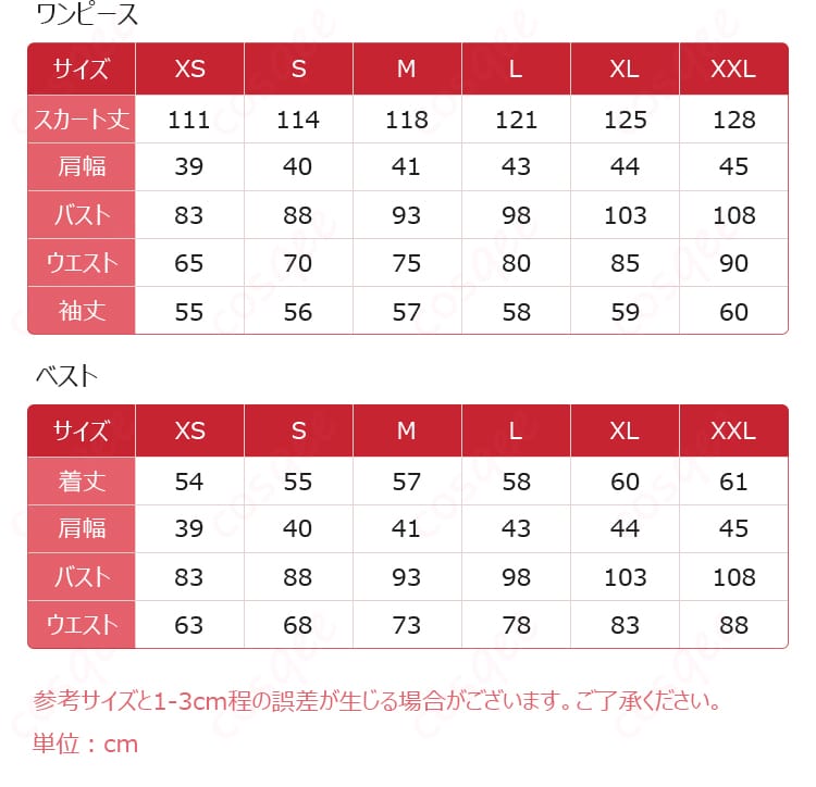 サイズと寸法対応データを展示した画像。コスプレ衣装のサイズと寸法ガイド、サイズ選びの参考に。