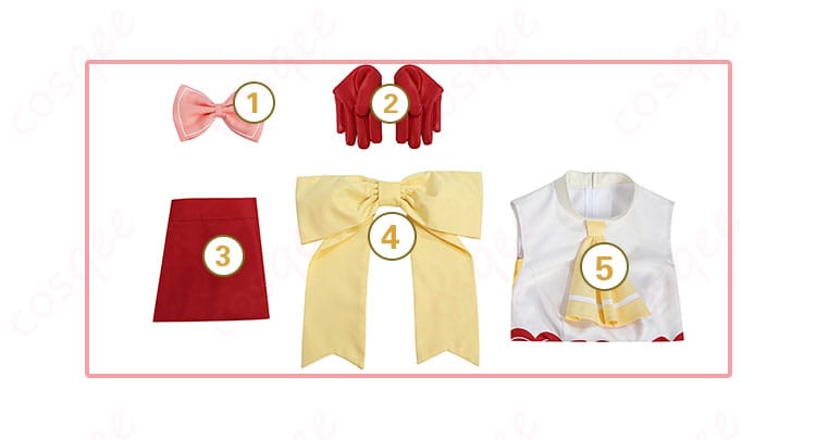 MEMちょ コスプレ衣装(推しの子)セット内容の紹介。ショートパンツ、トップス、髪飾り、手袋などが含まれています。