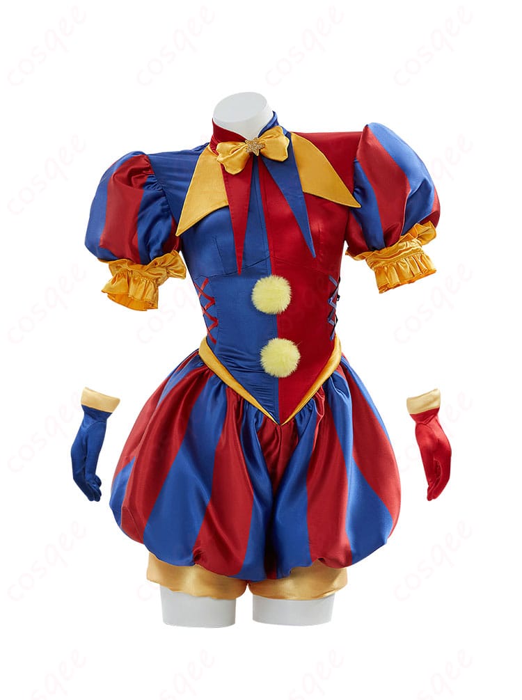 ポムニのコスプレ衣装の正面ビュー。鮮やかなデザインと高還元度のディテールを確認できます。高品質なコスプレ衣装をお楽しみください。