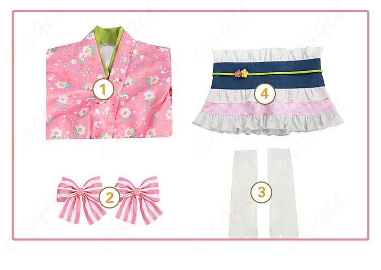 セット内容の展示、甘露寺蜜璃のコスプレ衣装。全てのアクセサリーと衣装を一目で確認できます。