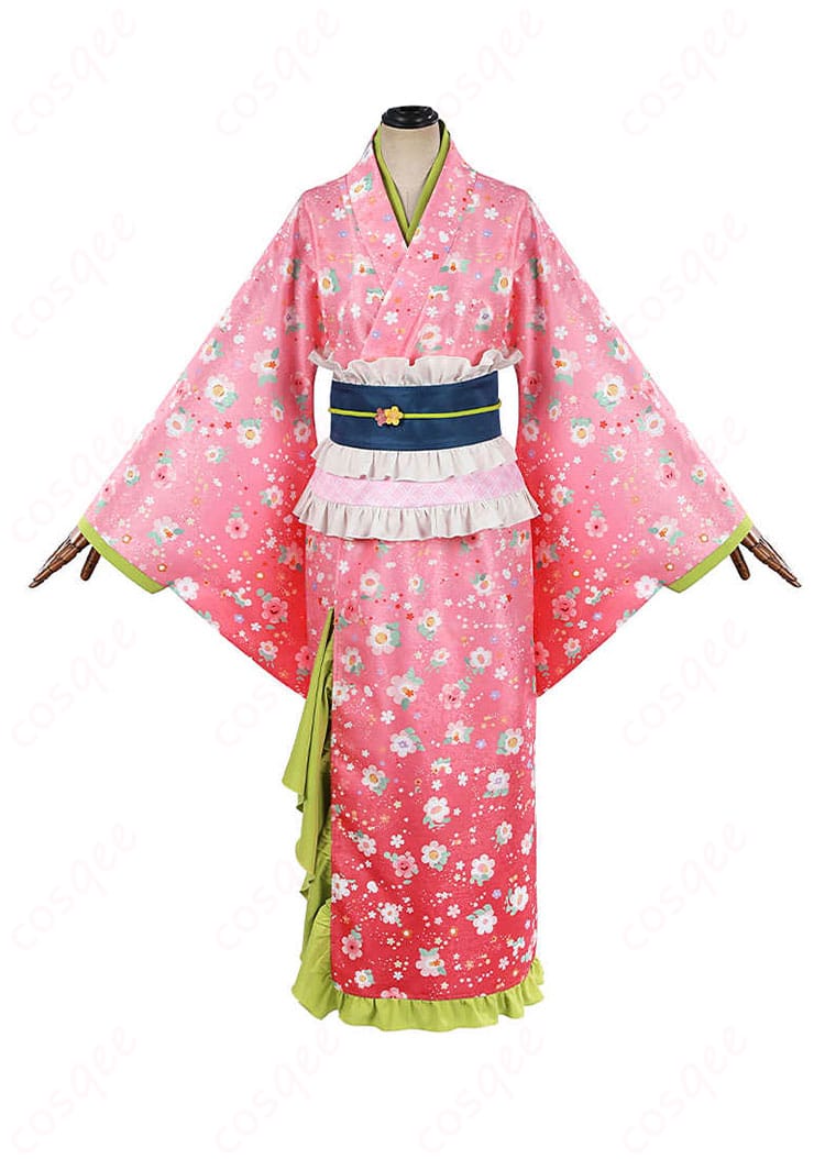 商品正面図、甘露寺蜜璃のコスプレ衣装の全体像。きれいなデザインと高い再現度が特徴のコスプレ衣装。