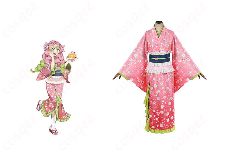 商品正面とキャラクターの組み合わせ、甘露寺蜜璃のコスプレ衣装。忠実再現のデザインとディテールに注目!コスプレ衣装。