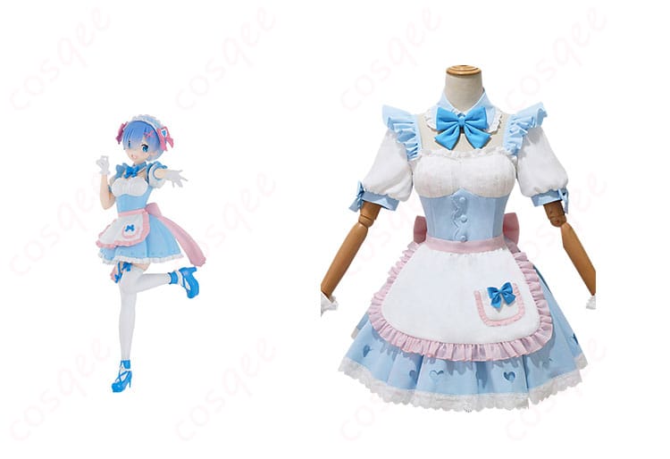 商品正面とレム(Rem)キャラクターのコスプレ衣装を組み合わせた画像。夢かわメイド衣装の詳細。