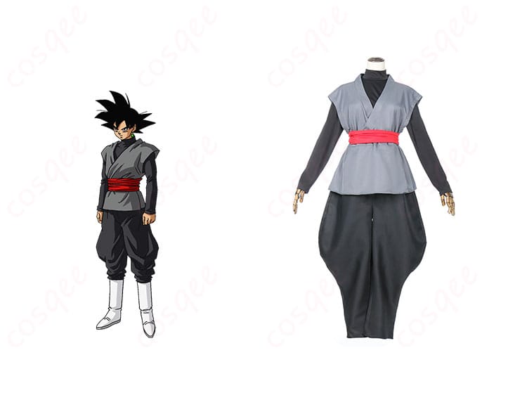 商品正面とキャラクターゴクウブラックのコスプレ衣装の画像。高い再現度を誇るドラゴンボール超のキャラクターコスプレ衣装。