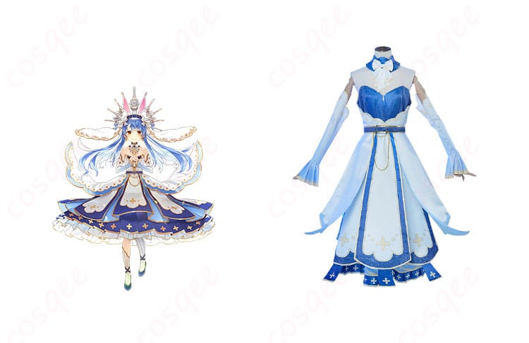 商品正面とキャラクターとのコラボ画像 – うさメガぺこら衣装の正面デザイン、ホロライブの兎田ぺこらとの組み合わせ。コスプレ衣装の魅力がよくわかる一枚。