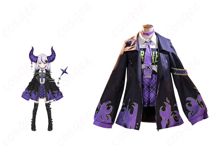 商品正面とキャラクターの結合画像 - ラプラス・ダークネスの2024新衣装コスプレ衣装を着た正面のキャラクター画像。