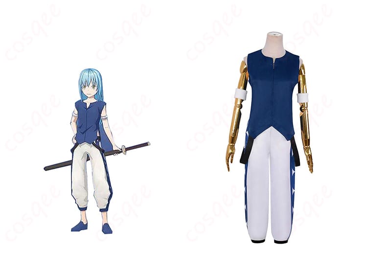 商品正面とリムル=テンペストのコスプレ衣装。高い再現度で、アニメ「転生したらスライムだった件」のキャラクターを忠実に再現。