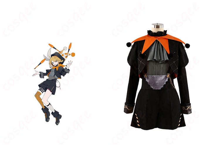 商品正面とキャラクター鏡音リン・鏡音レンのコスプレ衣装が融合したイメージ。コスプレ通販用の商品正面画像。