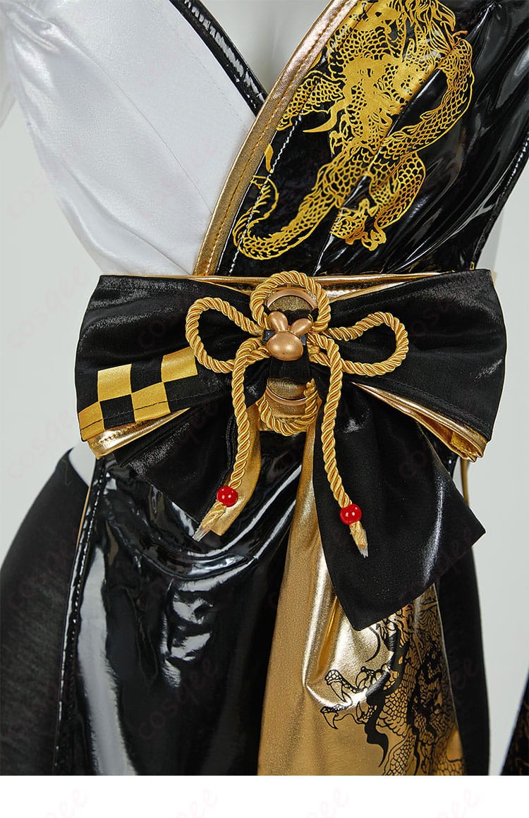 ブラックラビットの腰帯とリボン装飾の詳細。優雅で高級感のあるデザインです。