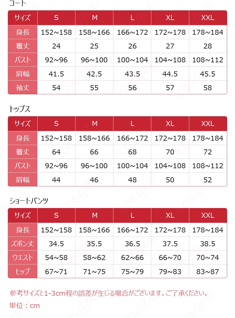 ジジ・ムリンのコスプレ衣装のサイズと寸法対応データの表示
