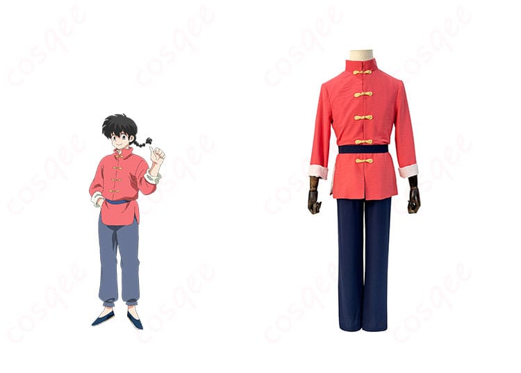 らんま1/2 早乙女乱馬 コスプレ衣装 商品正面とキャラクターのポーズを組み合わせた写真。コスプレ衣装の詳細が確認できます。