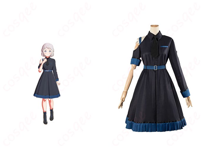 商品正面とキャラクター白線のコスプレ衣装の組み合わせ画像。アイドルらしい魅力的なデザインが特徴です。コスプレ衣装の詳細がわかります。